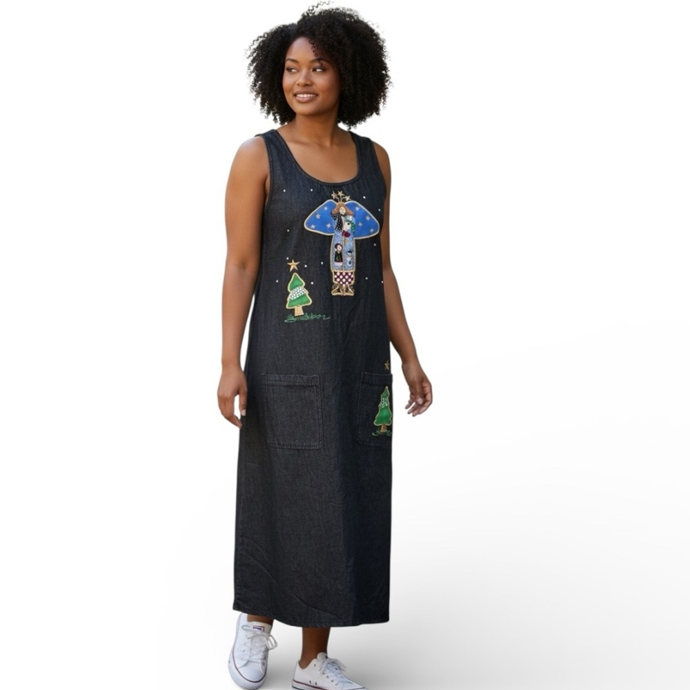 VTG Y2K Denim Midi Jumper Dress Sz L Appliquéd Country Angels Oversized Pockets - Picture 1 of 11
